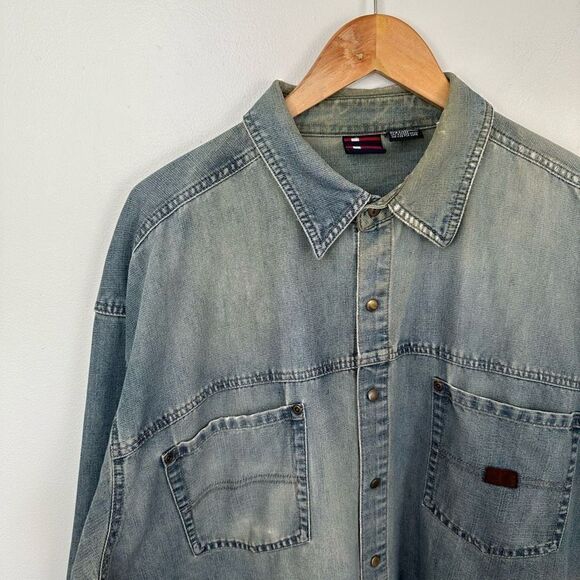 Bugle Boy Vintage Distressed Faded Collared Denim Button Down Shacket - Picture 3 of 8